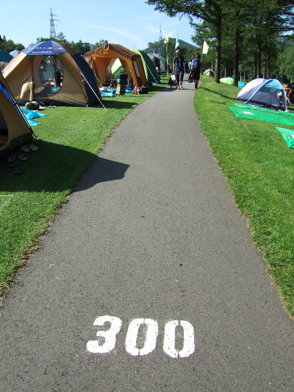 キャンプサイトはゴルフ場なので細いアスファルトの道がありますが、一定間隔で数字が書かれています。自分が設営したテントに近い数字を覚えておき、その数字が近くなればテントの目印を探す方が効率的です。ここより奥に行くと275、250と数字が減っていきます。