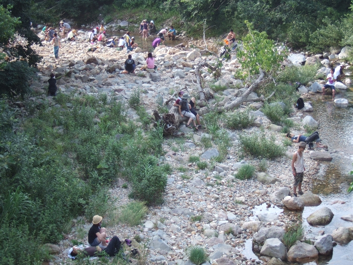 手前が入場ゲート側、奥がところ天国側。奥が下流で、手前から奥へ川が流れます。