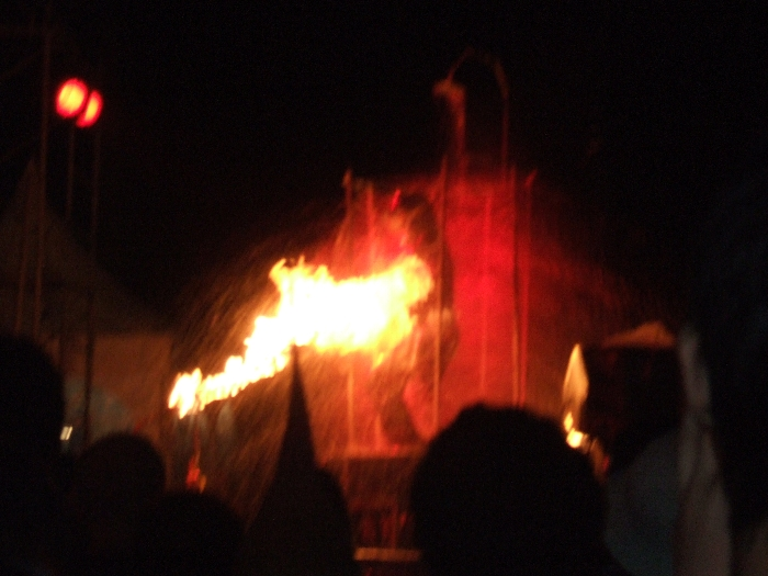 水を浴びながらガスの炎を直接当てられるパフォーマンス。このときは防護服を着ています。