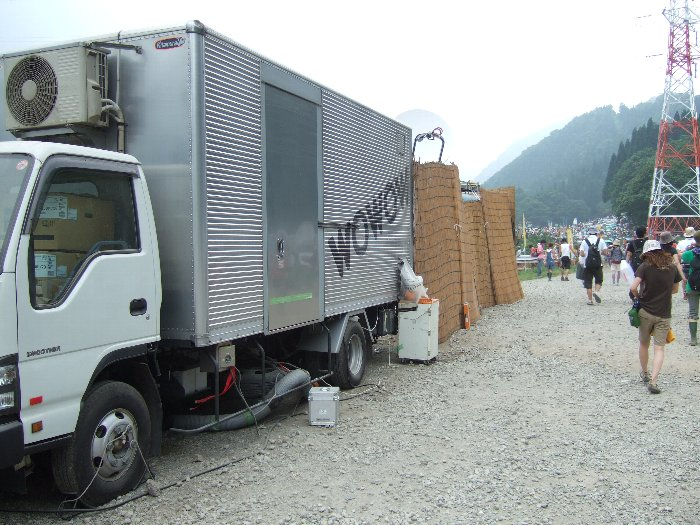 入場ゲートを入ったところにあるWOWOWの中継車。