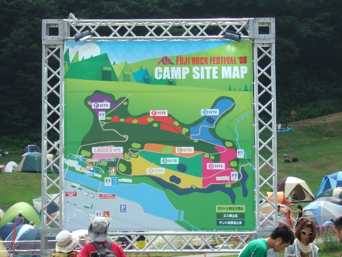 キャンプサイトの概略図。入場者が少ないときはF、Gサイトが消されていることがあります。 