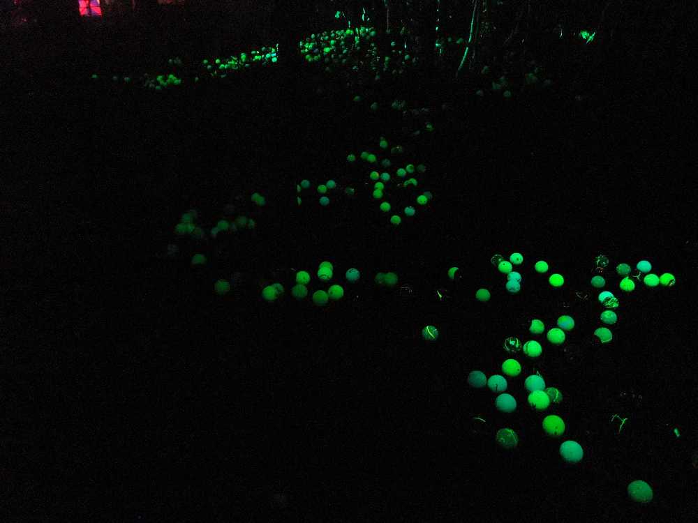 球を置いているのではなく浮かせている。したがって風で揺れる。