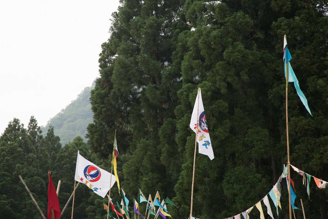 フィル・レッシュ公演に合わせてグレイトフル・デッドの旗がはためく。