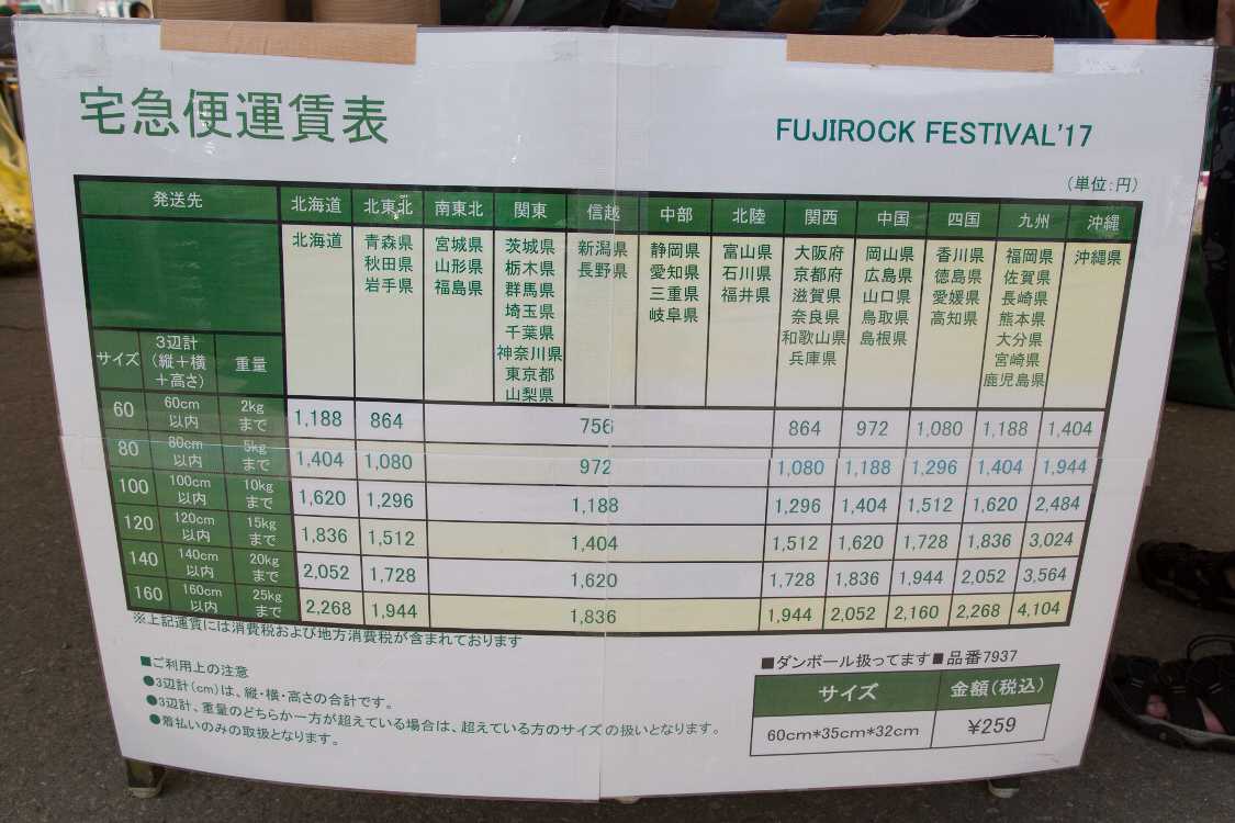 宅配便の料金表。着払いです。